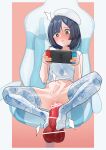  1boy ahegao_pattern ass black_eyes black_hair blush border bottomless chair cum dildo erection gaming_chair hair_ornament hairclip handheld_game_console highres holding holding_handheld_game_console large_penis male_focus mubo nintendo_switch original otoko_no_ko penis pink_background red_dildo sex_toy shirt sleeveless swivel_chair thighhighs white_border white_headwear white_shirt white_thighhighs yellow_nails 