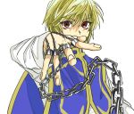 1other androgynous blonde_hair chain hair_between_eyes highres hunter_x_hunter jewelry kurapika long_sleeves looking_at_viewer monster_hunter_(character) multiple_rings other_focus red_eyes ring shirt short_hair simple_background sio_yori_sato solo tabard upper_body white_background white_shirt 