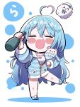  1girl =_= ahoge blue_footwear blue_hair blue_jacket blush_stickers bottle camisole chibi commentary creature daifuku_(yukihana_lamy) double-parted_bangs drunk frilled_camisole frills full_body fur-trimmed_jacket fur_trim hair_between_eyes heart heart_ahoge holding holding_bottle hololive jacket long_hair messy_hair multicolored_hair nabe_(nabe_otome) official_alternate_costume official_alternate_hairstyle open_mouth partially_unzipped polka_dot_camisole sake_bottle sleepwear slippers solo_focus streaked_hair striped striped_jacket very_long_hair virtual_youtuber white_camisole yukihana_lamy yukihana_lamy_(4th_costume) yukimin_(yukihana_lamy) 