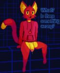  2023 anthro bodily_fluids bottomless bottomless_male clothed clothing comradecat cute_fangs dialogue digital_media_(artwork) domestic_cat dripping english_text eyebrows felid feline felis fjbcat flaccid foreskin fur genital_fluids genitals hi_res hoodie hoodie_only humanoid_genitalia humanoid_penis inner_ear_fluff leaking_precum looking_at_viewer male mammal partially_clothed penis pixel_(artwork) precum precum_drip presenting presenting_penis raised_eyebrow red_body red_fur sitting smile solo spread_legs spreading text topwear topwear_only tuft yellow_body yellow_fur yellow_sclera 