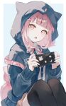  1girl :o animal_bag backpack bag black_shirt blunt_bangs brown_hair brown_skirt brown_thighhighs cat_bag collared_shirt danganronpa_(series) danganronpa_2:_goodbye_despair dress_shirt fuwa_ko galaga green_jacket hair_ornament handheld_game_console highres holding holding_handheld_game_console hood hood_up hooded_jacket jacket medium_hair monomi_(danganronpa) nanami_chiaki neck_ribbon nintendo_switch pink_bag pink_eyes pink_ribbon ribbon shirt sitting skirt solo sticker tetris thighhighs white_shirt 