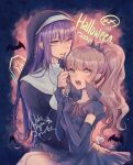  1boy 1girl 2020 bat_(animal) black_dress black_gloves coffin cross cross_necklace dress fujisaki_nagihiko gloves halloween high_ponytail jewelry light_brown_hair long_hair looking_at_viewer mashiro_rima necklace otoko_no_ko purple_hair shugo_chara! traditional_nun waka_ryou yellow_eyes 