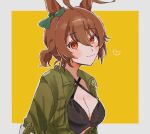  1girl agnes_tachyon_(lunatic_lab)_(umamusume) agnes_tachyon_(umamusume) ahoge animal_ears bikini black_bikini blush breasts brown_hair cleavage closed_mouth criss-cross_halter green_jacket hair_between_eyes halterneck heart highres horse_ears jacket n_(mo_02323) open_clothes open_jacket orange_eyes short_hair short_ponytail small_breasts solo swimsuit umamusume upper_body 