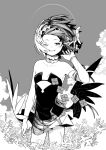  1girl a:n_(angrynum) alternate_hair_length alternate_hairstyle bare_shoulders blush breasts clothing_cutout collarbone detached_sleeves disembodied_limb field flower flower_field forehead greyscale grin halo highres hololive hololive_english looking_at_viewer monochrome ninomae_ina&#039;nis one_eye_closed outdoors single_detached_sleeve small_breasts smile solo standing tiara twitter_username underboob_cutout virtual_youtuber wind wind_lift wings 