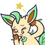  1:1 2023 3_fingers alpha_channel ambiguous_gender blep brown_body brown_eyes brown_fur digital_media_(artwork) eeveelution endwl feral fingers fur generation_4_pokemon gloves_(marking) green_body green_fur headshot_portrait icon leaf leafeon looking_at_viewer low_res markings nintendo one_eye_closed paws pokemon pokemon_(species) portrait reaction_image solo star tan_body tan_fur tee_hee tongue tongue_out wink 