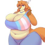  1:1 2021 4_fingers absurd_res anthro big_breasts blue_eyes bottomwear breasts brown_nose canid canine cleavage clothed clothing dipstick_ears eyebrows eyewear female fingers fox fur glasses gloves_(marking) hair happy hi_res hidenafox huge_breasts inner_ear_fluff lgbt_pride mammal markings multicolored_body multicolored_ears multicolored_fur navel orange_body orange_fur orange_hair overweight overweight_anthro overweight_female pants pride_colors shirt simple_background solo standing tail tan_body tan_fur tan_inner_ear_fluff topwear transgender_pride_colors tuft white_background 