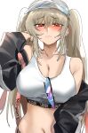  1girl azur_lane bare_shoulders black_jacket blonde_hair blush breasts closed_mouth hair_between_eyes hand_up highres jacket kersaint_(azur_lane) kersaint_(reverent_runner)_(azur_lane) large_breasts lips long_hair looking_at_viewer navel off_shoulder official_alternate_costume red_eyes saki_(remainaddd) simple_background sketch solo sports_bra sweatdrop twintails upper_body white_background white_sports_bra 