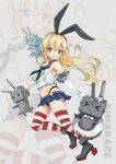  1girl anchor_hair_ornament animal_ears black_hairband black_neckerchief black_panties blonde_hair blue_sailor_collar blue_skirt buttons character_name commentary_request crop_top elbow_gloves fake_animal_ears full_body gloves grey_eyes hair_ornament hairband highleg highleg_panties highres kantai_collection long_hair microskirt miniskirt neckerchief panties pleated_skirt rabbit_ears rensouhou-chan sailor_collar shimakaze_(kancolle) skirt striped striped_thighhighs thighhighs triangle_mouth underwear white_gloves yashin_(yasinz) zoom_layer 