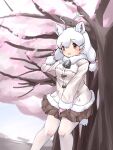  1girl animal_ears antlers bell blush brown_eyes brown_skirt cowboy_shot deer_ears deer_tail extra_ears fur_collar fur_trim highres jacket kemono_friends long_hair neck_bell pantyhose pleated_skirt reindeer_antlers reindeer_girl skirt solo tail twintails uf34a white_fur white_hair white_jacket white_pantyhose white_reindeer_(kemono_friends) 