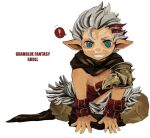  ! 1boy belt blue_eyes brown_cape brown_pants cape character_name copyright_name facepaint granblue_fantasy grin harvin kua0u0 male_focus pants pointy_ears red_belt short_hair simple_background sitting skull_(granblue_fantasy) smile spoken_exclamation_mark white_background white_hair wrist_belt 