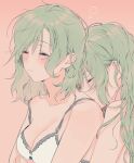  2girls absurdres bang_dream! blush bra breasts cleavage closed_eyes closed_mouth collarbone commentary green_hair highres hikawa_hina hikawa_sayo hug hug_from_behind incest long_hair medium_breasts medium_hair multiple_girls parted_lips pink_background siblings simple_background twincest twins underwear upper_body yuri zihacheol 