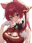  1girl animal_ears ascot blush breasts brown_eyes cropped_jacket gloves hair_behind_ear hair_ribbon helga_(_hlg67) heterochromia highres hololive houshou_marine houshou_marine_(1st_costume) jacket kemonomimi_mode large_breasts leotard leotard_under_clothes looking_at_viewer portrait red_ascot red_eyes red_ribbon ribbon sleeveless sleeveless_jacket smile solo tongue tongue_out twintails virtual_youtuber white_background white_gloves 