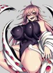  1girl absurdres ahoge blush creature fangs gelda_(hz_(666v)) glasses grey_background highres hz_(666v) leotard long_hair navel off_shoulder one-piece_swimsuit original suction_cups swimsuit tentacles thick_thighs thighs yellow_eyes 
