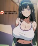  1girl ai-generated black_hair breasts cleavage crop_top huge_breasts hyuuga_hinata long_hair looking_at_viewer naruto_(series) naruto_shippuuden solo vexpygirls 