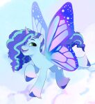  aztrial blue_body blue_fur blue_hair cloud equid equine flying freckles fur green_eyes hair hasbro hi_res horn insect_wings lepidopteran_wings mammal misty_(g5) mlp_g5 my_little_pony pink_body pink_fur solo unicorn wings 