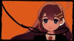  1girl ahoge black_jacket blue_eyes brown_hair closed_mouth collared_shirt commentary_request eyebrows_hidden_by_hair ganeshia hair_ornament hairclip highres hod_(project_moon) jacket lobotomy_corporation long_hair looking_at_viewer necktie noose orange_background project_moon red_necktie sad_smile shirt solo spoilers white_shirt 