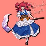  1girl blue_dress blush carbohydrate_(asta4282) character_name dress hair_bobbles hair_ornament highres multiple_girls onozuka_komachi phantasmagoria_of_flower_view red_background red_eyes red_hair sandals sash scythe short_hair surprised sweatdrop touhou two_side_up 
