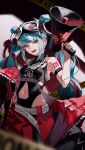  1girl 39 absurdres aqua_eyes aqua_hair arm_strap blunt_bangs chain_necklace clothing_cutout commentary eyewear_on_head hand_on_own_hip hatsune_miku highres holding holding_megaphone jewelry jiu_ye_sang looking_at_viewer magical_mirai_(vocaloid) magical_mirai_miku magical_mirai_miku_(2023) megaphone navel_cutout necklace off_shoulder open_mouth red_nails side_cutout sidelocks teeth twintails upper_teeth_only vocaloid 