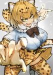  1girl absurdres adeshi_(adeshi0693119) animal_ears belt blonde_hair bow bowtie elbow_gloves extra_ears gloves grey_background highres jaguar_(kemono_friends) jaguar_ears jaguar_print jaguar_tail kemono_friends kneehighs looking_at_viewer shirt shoes short_hair simple_background skirt socks solo tail yellow_eyes 