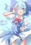  1girl :d absurdres blue_background blue_bow blue_dress blue_eyes bow bowtie cirno collared_shirt commentary_request detached_wings dress hair_bow highres ice ice_cube ice_wings looking_at_viewer open_mouth red_bow red_bowtie saimu_taju shirt short_sleeves simple_background smile snowflakes touhou white_shirt wings 