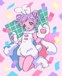  1girl :d animal_costume animal_ears animal_hands aqua_eyes commentary_request confetti double_bun fake_animal_ears fake_tail fluffy full_body gloves hair_bun hands_up jumping looking_at_viewer manaka_lala open_mouth paw_gloves pink_background pretty_(series) pripara purple_hair rabbit_costume rabbit_ears rabbit_tail rituyama1 scarf shoes short_hair signature sleeveless smile solo tail white_footwear white_scarf 