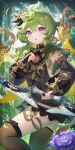  1girl arm_up black_gloves black_skirt black_straps bow_(weapon) breasts bridal_gauntlets brown_thighhighs capelet collei_(genshin_impact) commentary crossed_bangs detached_sleeves floating_hair forest gem genshin_impact gloves green_capelet green_gemstone green_hair hair_ornament highres holding holding_bow_(weapon) holding_weapon jewelry leg_up long_sleeves looking_ahead medium_hair nature oli_o_o open_mouth outdoors pink_eyes puffy_long_sleeves puffy_sleeves shirt sidelocks skirt sleeveless sleeveless_shirt small_breasts solo standing sunlight thighhighs vision_(genshin_impact) weapon zettai_ryouiki 