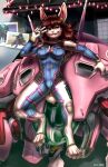  2018 absurd_res anthro anthrofied blizzard_entertainment bodysuit breasts brown_hair buckteeth christmas_lights clothing d.va_(overwatch) digital_media_(artwork) digitigrade female fur gesture hair hi_res ifus lagomorph leporid long_hair machine mammal markings mech_suit mecha medium_breasts navel_outline overwatch pink_markings rabbit skinsuit smile teeth tight_clothing v_sign white_body white_fur 