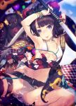  1girl absurdres aikura_chihiro bare_shoulders bead_bracelet beads belt bikini blue_eyes bracelet breasts cleavage collarbone fate/grand_order fate_(series) floral_print goggles goggles_on_head hair_bun hair_ornament highres jewelry katana katsushika_hokusai_(fate) katsushika_hokusai_(swimsuit_saber)_(fate) long_hair looking_at_viewer medium_breasts navel obi octopus purple_hair sash sidelocks smile swimsuit sword thigh_strap thighs tokitarou_(fate) tongue tongue_out weapon white_bikini 