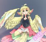  1girl ahoge animal_ears artist_name bird_ears bird_legs bird_tail black_tank_top blonde_hair blush breasts cleavage feathers green_eyes grey_background headphones headphones_around_neck long_tail looking_at_viewer multicolored_feathers multicolored_wings open_mouth original pink_skirt rnd.jpg_(artist) simple_background skirt small_breasts solo squatting tail talons tank_top wings yellow_feathers yellow_wings 
