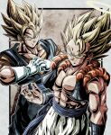  2boys biceps black_vest blonde_hair blue_pants blue_sash border bracer brown_background closed_mouth commentary_request dougi dragon_ball dragon_ball_z earrings fist_in_hand gloves gogeta green_eyes halo hand_up highres jewelry looking_at_viewer male_focus metamoran_vest multiple_boys muscular muscular_male open_clothes open_vest orange_shirt outside_border pants pectorals potara_earrings sash shirt short_sleeves simple_background smile smirk spiked_hair super_saiyan super_saiyan_1 ushi_(akabec0) v-shaped_eyebrows vegetto vest white_border white_gloves white_pants 