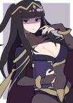  1girl black_cloak black_eyes black_hair black_nails bodystocking book breasts bridal_gauntlets cleavage cloak covered_navel do_m_kaeru fire_emblem fire_emblem_awakening holding holding_book long_hair medium_breasts nail_polish shaded_face short_twintails solo tharja_(fire_emblem) twintails 