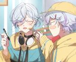  2boys aqua_hair baseball_cap black_choker blue_hoodie blush brothers choker cozmez_(paradox_live) feeding hair_bun hat headphones headphones_around_neck highres holding holding_spoon hood hood_down hoodie looking_at_another male_focus medium_hair multicolored_clothes multicolored_hair multicolored_hoodie multiple_boys one_eye_closed paradox_live purple_eyes purple_hair shirota69 short_hair siblings spoon twins yatonokami_kanata yatonokami_nayuta yellow_headwear yellow_hoodie 