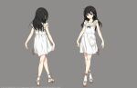  1girl aged_down arms_at_sides black_hair child closed_mouth collarbone commentary_request concept_art dress female_child final_fantasy final_fantasy_vii final_fantasy_vii_remake frilled_dress frills from_behind full_body grey_background kodomo_no_hi long_hair looking_at_viewer multiple_views official_art open_hands red_eyes roberto_ferrari sandals smile socks square_enix standing tifa_lockhart white_dress white_socks 
