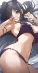  1girl animal_ears armpits bare_arms bare_shoulders bikini black_bikini black_hair breasts cleavage frilled_bikini frills glint hair_over_one_eye hands_up highres large_breasts long_hair looking_at_viewer lying navel neshia_(tsaqif0309) o-ring o-ring_bikini o-ring_bottom on_back open_mouth original parted_bangs purple_eyes rabbit_ears solo stomach string_bikini swimsuit tears thighs very_long_hair wavy_mouth 