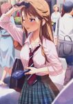  ;p bag blue_eyes brown_hair collarbone collared_shirt electric_fan green_skirt handheld_fan highres idolmaster idolmaster_million_live! long_hair long_sleeves one_eye_closed outdoors plaid plaid_skirt pleated_skirt school_bag shirt skirt sweat tokoro_megumi tongue tongue_out wanoji white_shirt 