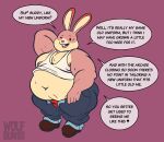  arcade_bunny bodily_fluids bottomwear clothing denim denim_clothing english_text hi_res jeans lagomorph leporid male mammal nintendo nintendo_badge_arcade nipple_outline nipples obese obese_male overweight overweight_male pants rabbit shirt solo sweat tank_top text topwear wolfbuns 