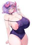  5danny1206 black_choker black_one-piece_swimsuit blush breasts choker clenched_hand collarbone commentary_request covered_navel curvy glasses grin hair_ornament hairclip highres horns huge_breasts huge_nipples large_areolae long_hair looking_at_viewer multicolored_hair nipple_slip nipples one-piece_swimsuit original pink_hair purple_hair round_eyewear short_hair simple_background skindentation smile standing swimsuit taut_clothes taut_swimsuit two-tone_hair undersized_clothes white_background wide_hips x_hair_ornament 