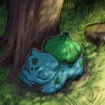 animal_focus bulbasaur chuurencouto claws closed_eyes mixed-language_commentary no_humans nostrils on_grass outdoors pokemon pokemon_(creature) rock sleeping tree under_tree 
