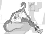  2023 anthro asian_vine_snake bodza_(zed-s) bottomwear clothing digital_media_(artwork) female floating_eyebrows footwear hi_res monochrome one-piece_swimsuit reptile scalie shoes shorts snake solo swimwear yamabat 