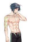  1boy abs arm_tattoo black_male_swimwear closed_mouth genshin_impact green_hair highres male_focus male_swimwear multicolored_hair muscular muscular_male navel nipples rourouki solo tattoo topless_male water_drop white_background xiao_(genshin_impact) yellow_eyes 