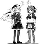  2girls animal_ears belt bird_ears bird_wings blush boots choujuu_gigaku cross-laced_footwear dog_ears dog_tail dress feathered_wings fingerless_gloves gloves greyscale hat kasodani_kyouko lace-up_boots monochrome multiple_girls mystia_lorelei parted_lips pleated_skirt shoes short_hair short_sleeves simple_background skirt standing tail thigh_boots thighhighs thought_bubble touhou translation_request white_background wings yudepii 