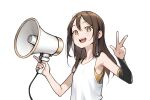  1girl :d blvefo9 brown_eyes brown_hair commentary english_commentary flat_chest holding holding_megaphone long_hair looking_at_viewer megaphone original simple_background smile solo teeth upper_body upper_teeth_only w white_background 
