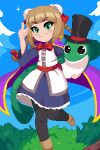  1girl blonde_hair blue_dress blush bow braid cape cloud double_bun dress eel grass green_eyes hair_bow hair_bun hair_ornament hat holding looking_at_viewer minimilieu original outdoors pixel_art pointing pointing_up purple_cape smile solo standing standing_on_one_leg thighhighs top_hat twin_braids 