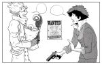  2boys coat commentary_request cowboy_bebop crossover doughnut fingerless_gloves food from_side glasses gloves greyscale gun highres holding long_sleeves looking_at_another male_focus monochrome multiple_boys muu_(muu_146) necktie partial_commentary sleeves_rolled_up speech_bubble spike_spiegel trigun upper_body vash_the_stampede wanted weapon 