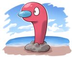  absurdres beach blue_sky cloud fusion goom_(goomyparty) highres no_humans ocean pokemon pokemon_(creature) porygon sky solo water wiglett 