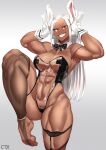  1girl :d abs absurdres animal_ears anklet armpits arms_up bare_shoulders black_bow black_bowtie black_pasties boku_no_hero_academia bow bowtie breasts bridal_legwear castell cleavage collarbone commentary covered_abs covered_navel covered_nipples dark-skinned_female dark_skin detached_collar english_commentary feet garter_straps gloves grey_background highleg highleg_leotard highres jewelry knee_up large_breasts leotard long_eyelashes long_hair looking_at_viewer mirko muscular muscular_female parted_bangs pasties rabbit_ears rabbit_girl rabbit_pose raised_eyebrow red_eyes signature smile solo standing standing_on_one_leg strapless strapless_leotard teeth thick_thighs thighs toe_scrunch translucent_bunnysuit white_gloves white_hair 