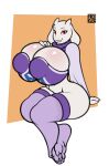 2023 anthro artist_name big_breasts boss_monster bovid breasts caprine clothed clothing digital_media_(artwork) eyelashes female freckles_(artist) hand_on_breast horn huge_breasts legwear long_ears looking_at_viewer mammal mature_anthro mature_female nipple_outline red_eyes simple_background solo toriel undertale undertale_(series) 