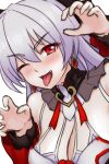  1girl arm_up breasts cleavage commentary_request earrings fang grey_hair hair_between_eyes honkai_(series) honkai_impact_3rd jewelry large_breasts long_hair long_sleeves luna_(honkai_impact) one_eye_closed open_mouth red_eyes simple_background solo sphere-stc theresa_apocalypse theresa_apocalypse_(lunar_vow:_crimson_love) tongue tongue_out upper_body white_background 