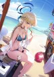  1girl ball bare_shoulders barefoot beach beachball bikini blonde_hair blue_archive blue_eyes blue_hair bow bowtie braid braided_ponytail breasts case cherry choker cloud collarbone food french_braid front-tie_bikini_top front-tie_top fruit halo highres holding holding_spoon ice_cream legs long_hair looking_at_viewer medium_breasts motor_vehicle multicolored_hair ocean open_mouth outdoors sitting sky solo spoon streaked_hair sweat swimsuit thigh_strap thighs toes toki_(blue_archive) van yarn_(yarn_03) 