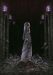  1girl blonde_hair chain chained chained_wrists closed_mouth fire hair_between_eyes hallway headpiece hibi_gakeppuchi highres indoors long_hair long_sleeves looking_at_viewer nun original purple_eyes robe solo tentacles walking white_robe 